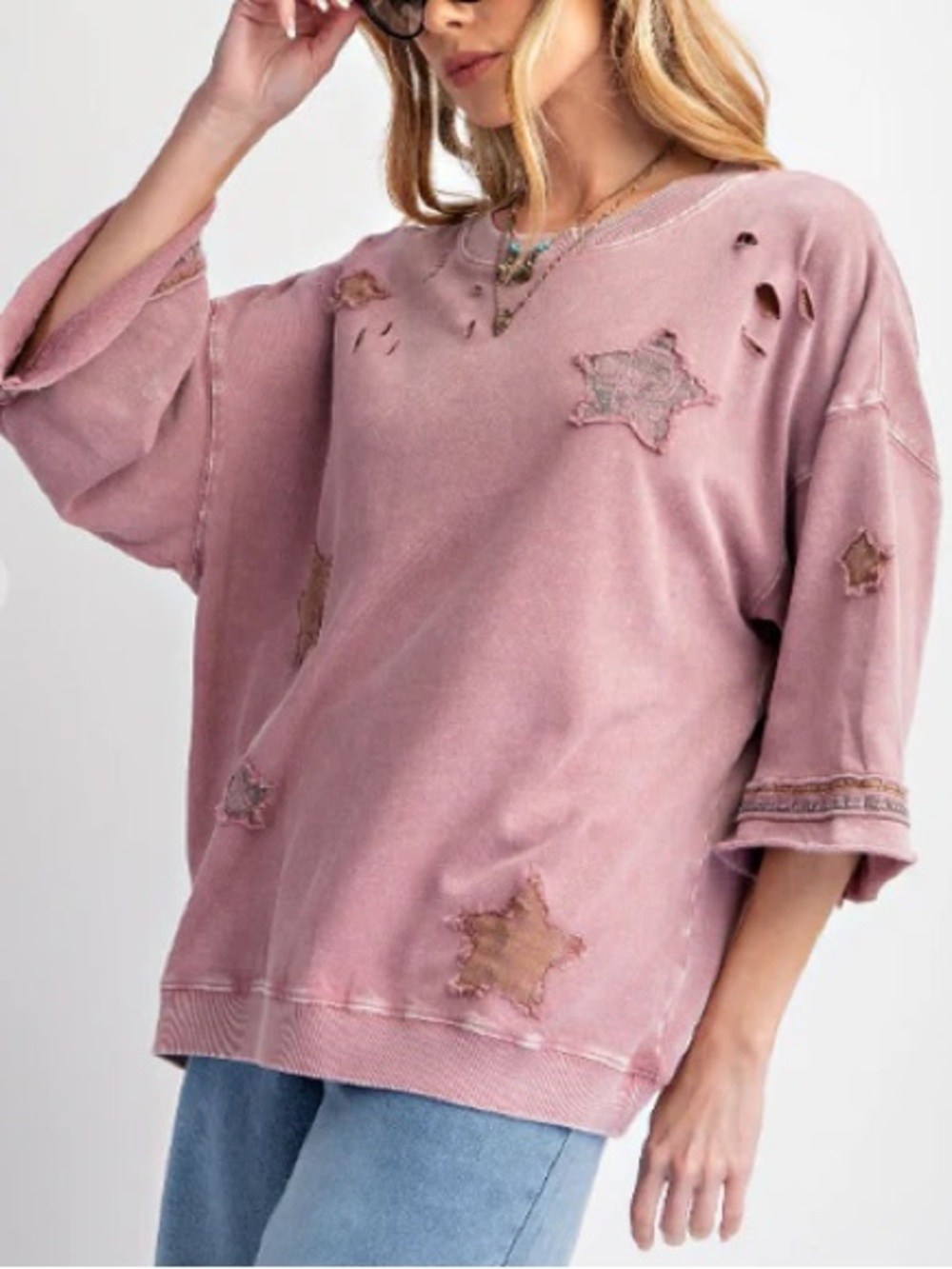 Easel Boho Star Patchwork Oversized Tee Size Large Distressed Sweater